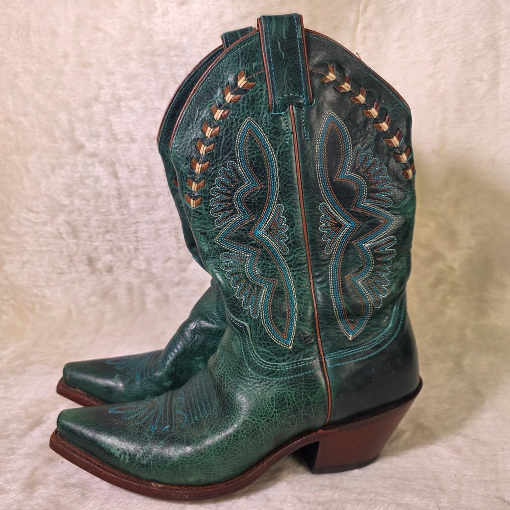Justin Western Boots Teal Turquoise Snip Toe Embroidered Leather Womens 8.5 B
